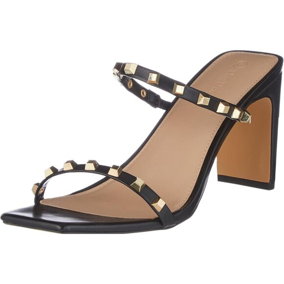 🆕Women’s Black Leather Avery Square-Toe Two-Strap High Heeled Sandal, Studded - Picture 1 of 8